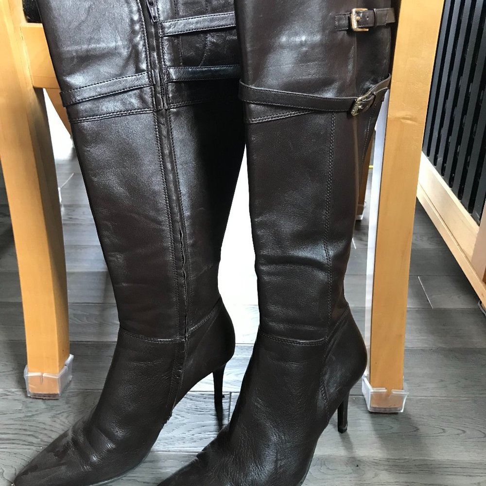 7.5 Lauren Ralph Lauren Brown Leather Knee High Heeled Boots Women's
